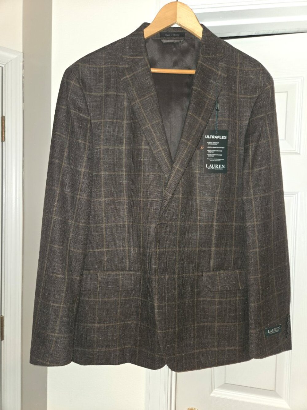 Ralph Lauren 48R Brown Windowpane Sport Coat Wool Silk Linen NWT Double Vent